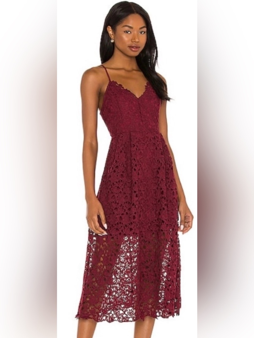 ASTR Floral Lace Midi Dress in Burgundy/wine